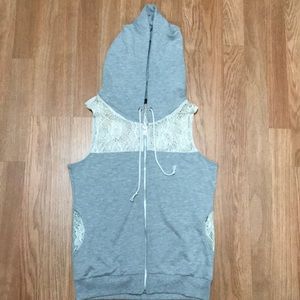 Juniors’ Zip Front Hoodie Vest with Crochet Trim